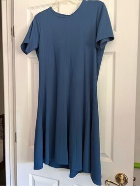 Ann Taylor Dusty Blue Short-Sleeve Midi Fit-and-Flare Dress